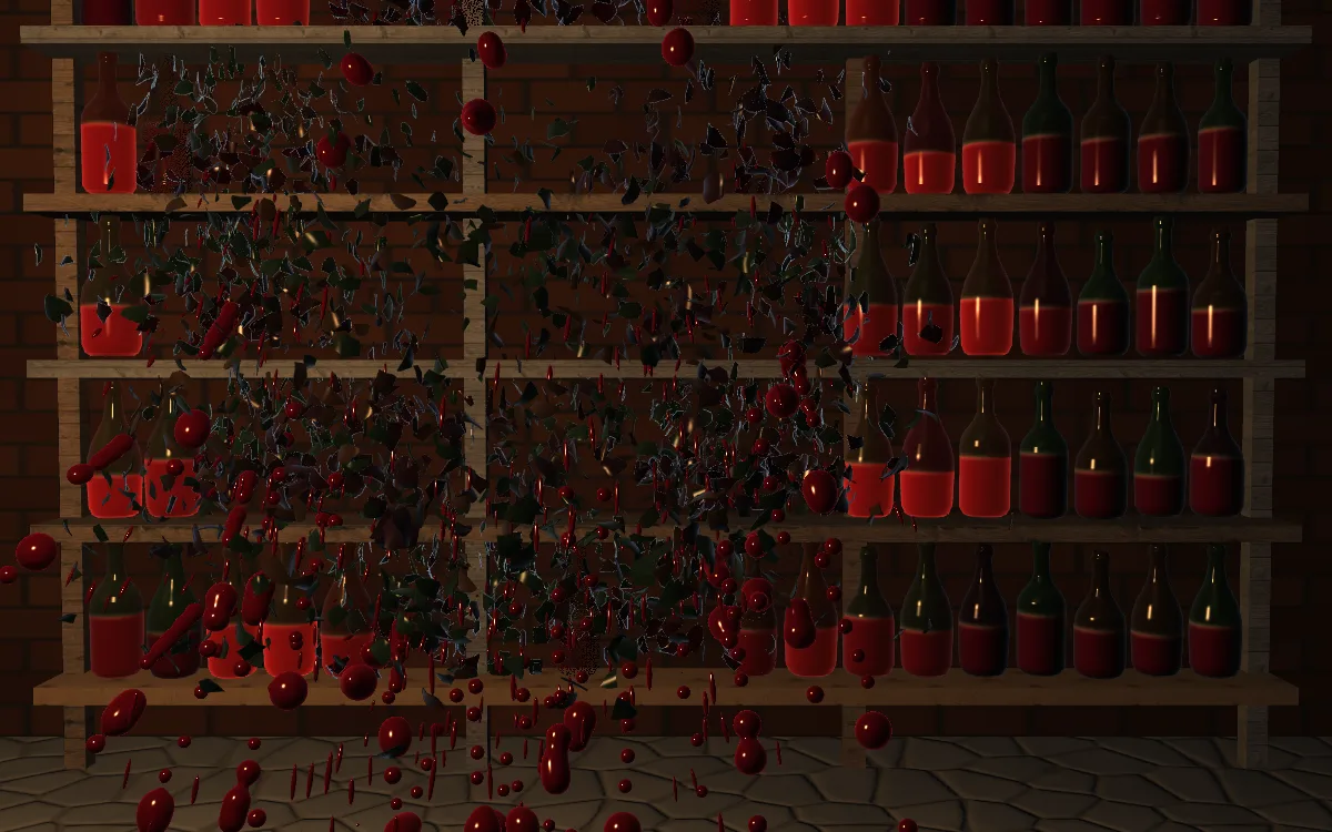 A cellar rack of wine bottles mid-shatter, glass and wine caught in the air