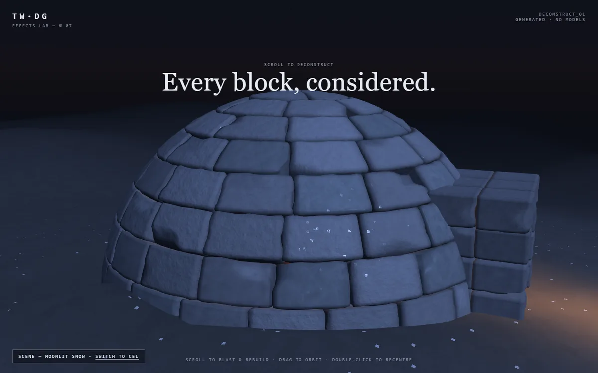 A snow-brick igloo at night, mid-deconstruction